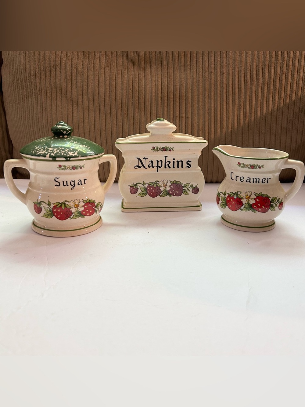Vintage Cottagecore Country Strawberry Sugar Jar Napkin Holder & Creamer Pitcher